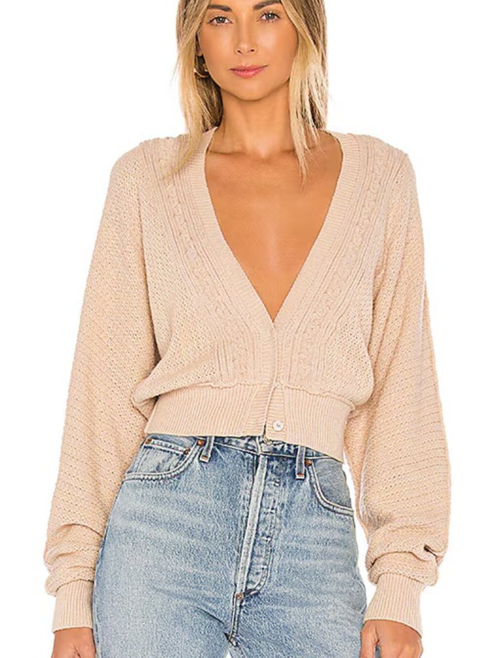 Free People Beige Knit Button Up Moon River Cardigan
